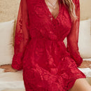 Eilly Bazar Vestido de cuello cruzado de malla con bordado floral de manga farol con encaje
