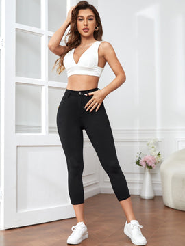 Essnce Pantalones capri de mujer ajustados de color liso con cierre de cremallera, ideales para primavera y verano