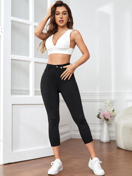 Essnce Pantalones capri de mujer ajustados de color liso con cierre de cremallera, ideales para primavera y verano