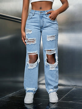 SXY Jeans de pierna recta desgarro con abertura