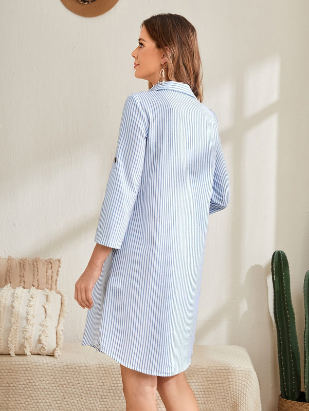 EMERY ROSE Vestido camisero de rayas de manga enrollada con boton con boton delantero