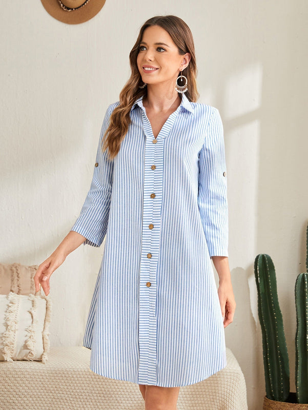 EMERY ROSE Vestido camisero de rayas de manga enrollada con boton con boton delantero