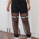 EZwear Pantalones panel con malla con cinta con letra de cintura con cordon