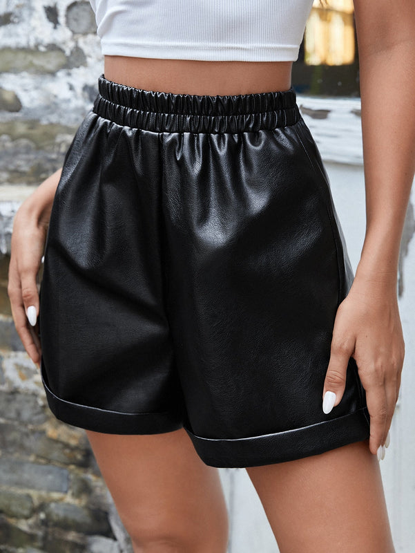 Frenchy Shorts de cintura elastica bajo de doblez PU