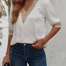 LUNE Blusa de lunares jacquard de malla en contraste de manga farol de saten
