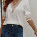 LUNE Blusa de lunares jacquard de malla en contraste de manga farol de saten