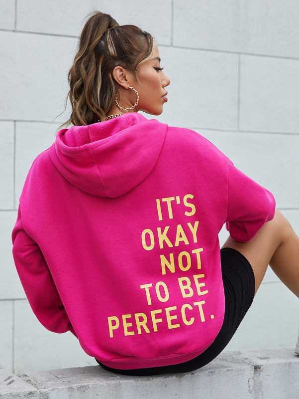 Ezwear sudadera con capucha casual de hombros caidos para mujer con estampado de eslogan, otono/invierno