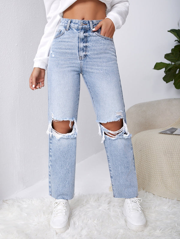 Jeans de pierna recta desgarro ribete sin dobladillo