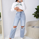 Jeans de pierna recta desgarro ribete sin dobladillo