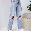 Jeans de pierna recta desgarro ribete sin dobladillo