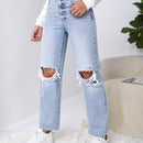Jeans de pierna recta desgarro ribete sin dobladillo