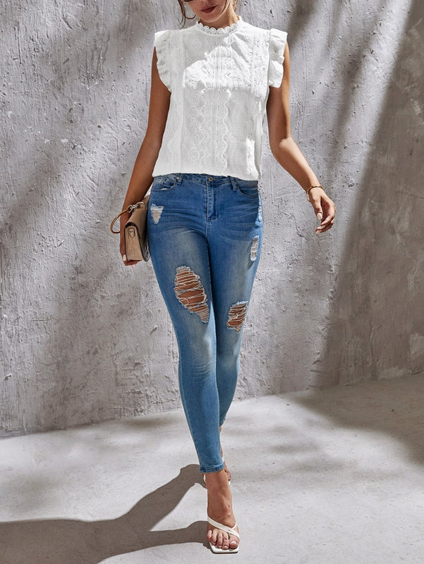 Tall Blusa con bordado con ojal ribete con fruncido