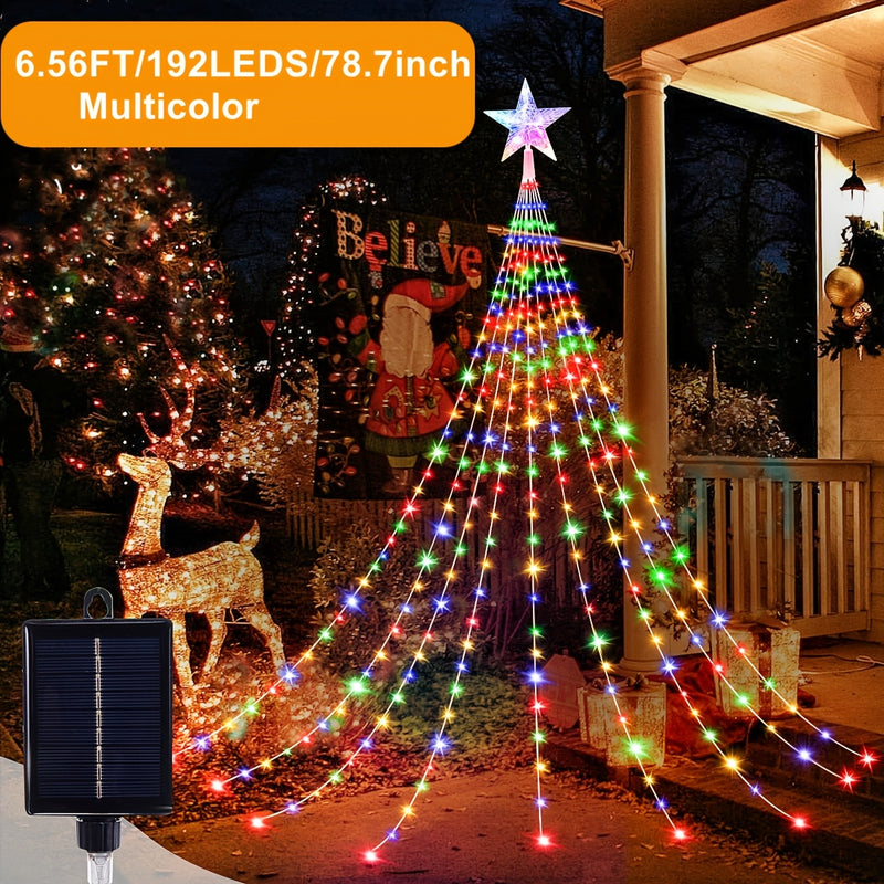 Luces de cadena con cascada de estrellas, 1 unidad, energía solar, 8 modos, ≤36V, plástico PPSU, batería de litio, para jardín, ventana, cortina, patio, árbol de Navidad, fiesta, hogar, boda, decoración navideña