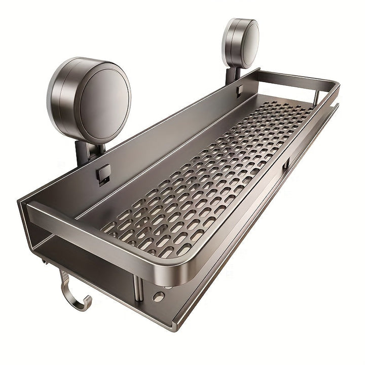 1 estante flotante para baño con ventosas, resistente y sin óxido, con ganchos para toallas, organizador de baño que ahorra espacio para champú, jabón y accesorios, organizadores y almacenamiento de baño, bandeja de baño