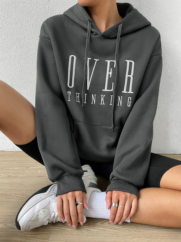 Moosta sudadera con capucha de manga larga para mujer con bordado de letras y bolsillo, para uso casual diario