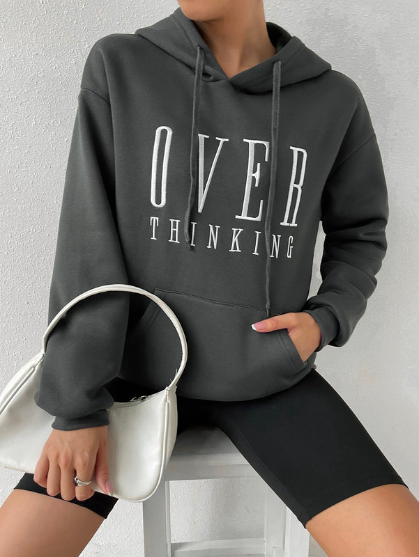 Moosta sudadera con capucha de manga larga para mujer con bordado de letras y bolsillo, para uso casual diario
