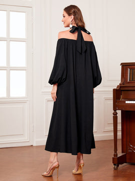 Mulvari Vestido con estampado tropical con tira cruzada de cuello halter de manga farol