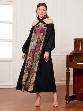 Mulvari Vestido con estampado tropical con tira cruzada de cuello halter de manga farol