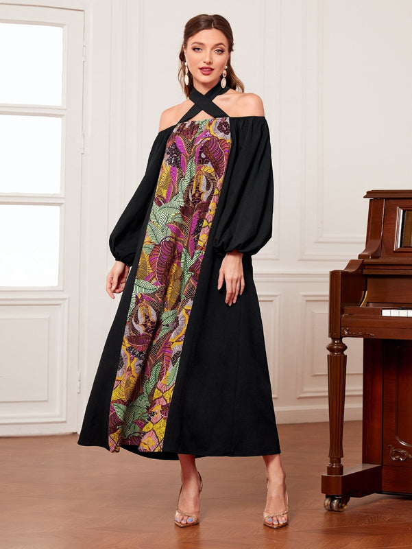 Mulvari Vestido con estampado tropical con tira cruzada de cuello halter de manga farol