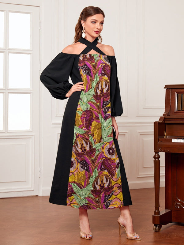 Mulvari Vestido con estampado tropical con tira cruzada de cuello halter de manga farol
