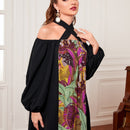 Mulvari Vestido con estampado tropical con tira cruzada de cuello halter de manga farol