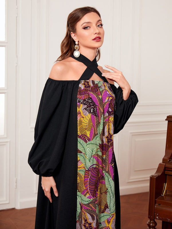 Mulvari Vestido con estampado tropical con tira cruzada de cuello halter de manga farol