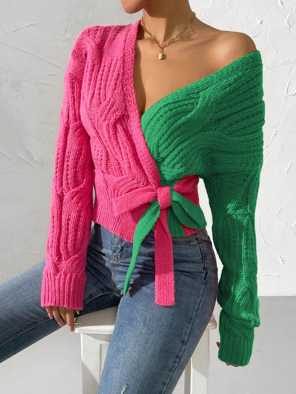 Prive cardigan cruzado con bloqueo de color y nudo frontal, para otono/invierno