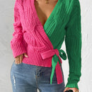 Prive cardigan cruzado con bloqueo de color y nudo frontal, para otono/invierno