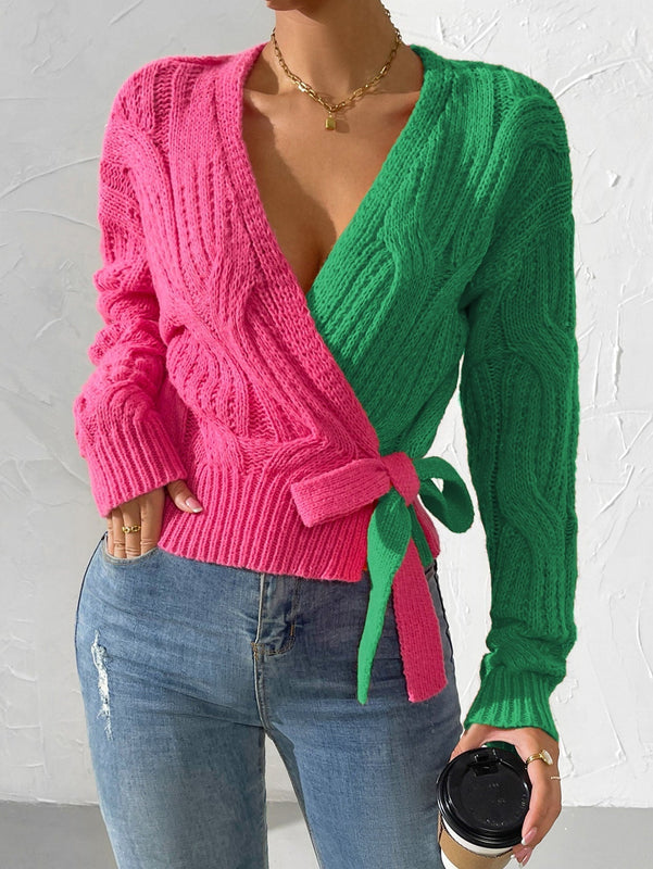Prive cardigan cruzado con bloqueo de color y nudo frontal, para otono/invierno