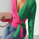 Prive cardigan cruzado con bloqueo de color y nudo frontal, para otono/invierno