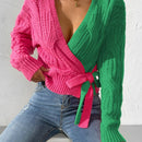 Prive cardigan cruzado con bloqueo de color y nudo frontal, para otono/invierno