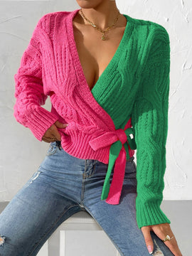 Prive cardigan cruzado con bloqueo de color y nudo frontal, para otono/invierno