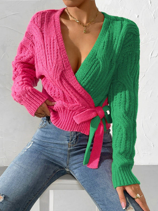 Prive cardigan cruzado con bloqueo de color y nudo frontal, para otono/invierno