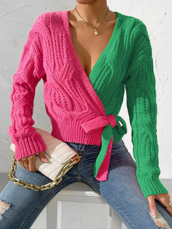 Prive cardigan cruzado con bloqueo de color y nudo frontal, para otono/invierno