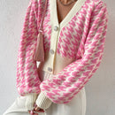 Essnce cardigan casual de mujer con botones y mangas de farol, dobladillo ancho y estampado de pata de gallo