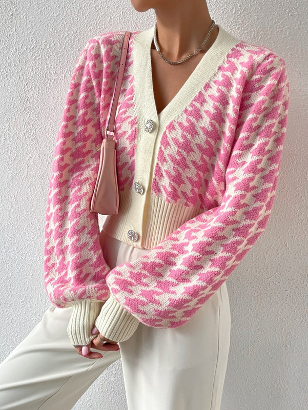 Essnce cardigan casual de mujer con botones y mangas de farol, dobladillo ancho y estampado de pata de gallo