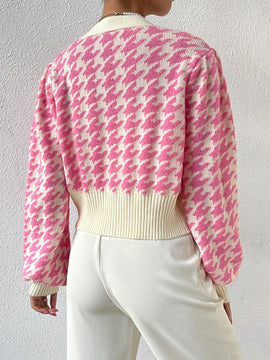 Essnce cardigan casual de mujer con botones y mangas de farol, dobladillo ancho y estampado de pata de gallo