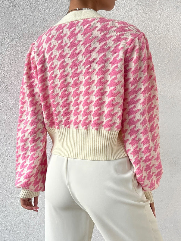 Essnce cardigan casual de mujer con botones y mangas de farol, dobladillo ancho y estampado de pata de gallo