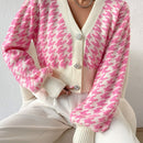 Essnce cardigan casual de mujer con botones y mangas de farol, dobladillo ancho y estampado de pata de gallo