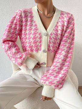 Essnce cardigan casual de mujer con botones y mangas de farol, dobladillo ancho y estampado de pata de gallo