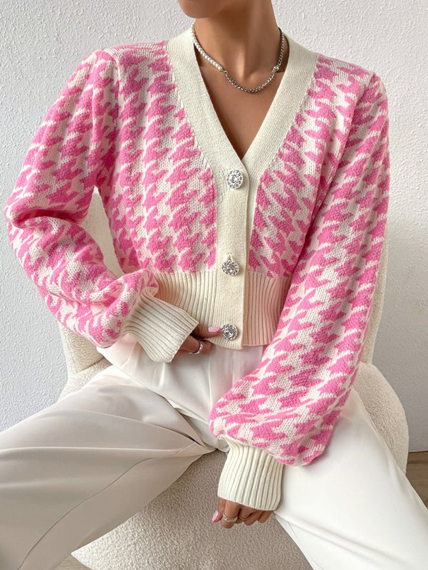 Essnce cardigan casual de mujer con botones y mangas de farol, dobladillo ancho y estampado de pata de gallo