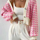 Essnce cardigan casual de mujer con botones y mangas de farol, dobladillo ancho y estampado de pata de gallo