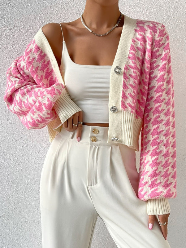 Essnce cardigan casual de mujer con botones y mangas de farol, dobladillo ancho y estampado de pata de gallo