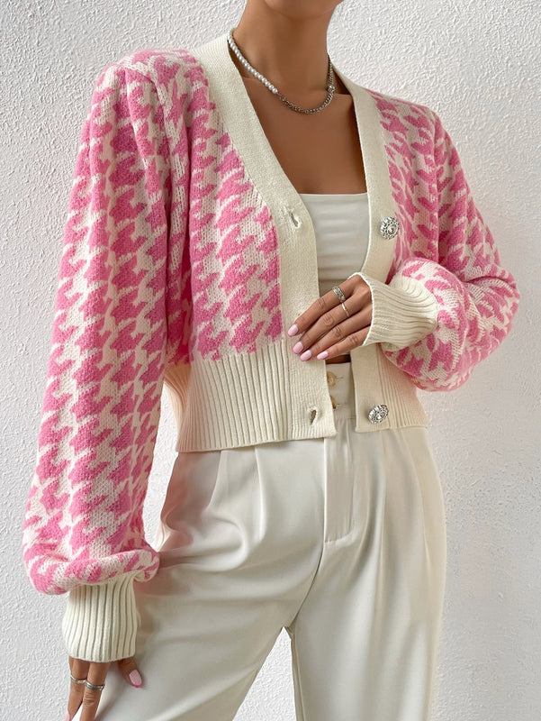 Essnce cardigan casual de mujer con botones y mangas de farol, dobladillo ancho y estampado de pata de gallo