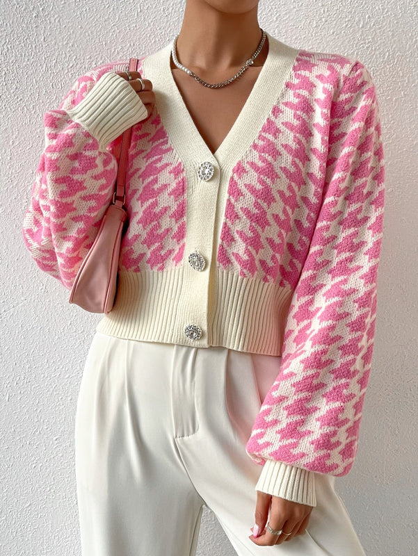Essnce cardigan casual de mujer con botones y mangas de farol, dobladillo ancho y estampado de pata de gallo