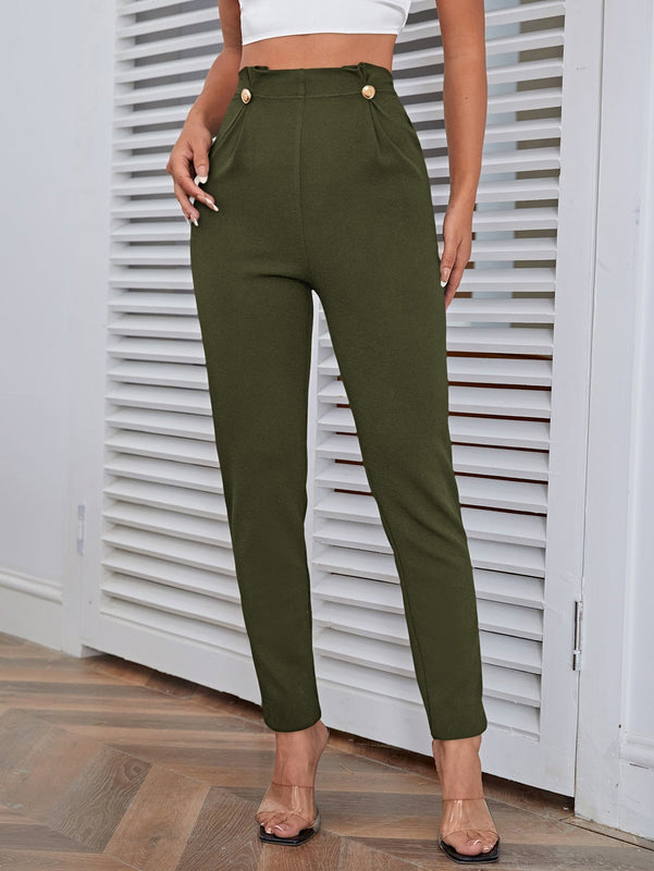 Pantalones casuales de traje negro de cintura alta para mujer con ajuste cenido y piernas anchas de 7-9cm