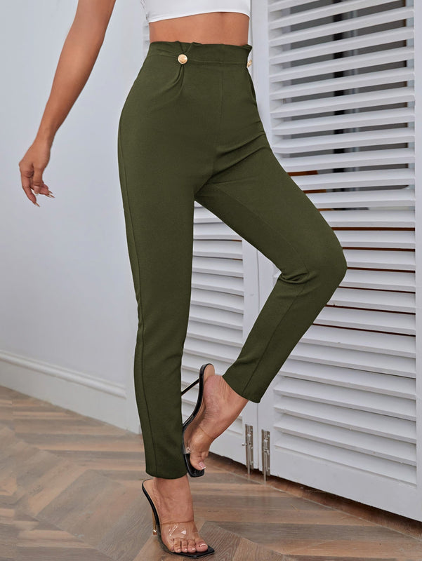 Pantalones casuales de traje negro de cintura alta para mujer con ajuste cenido y piernas anchas de 7-9cm
