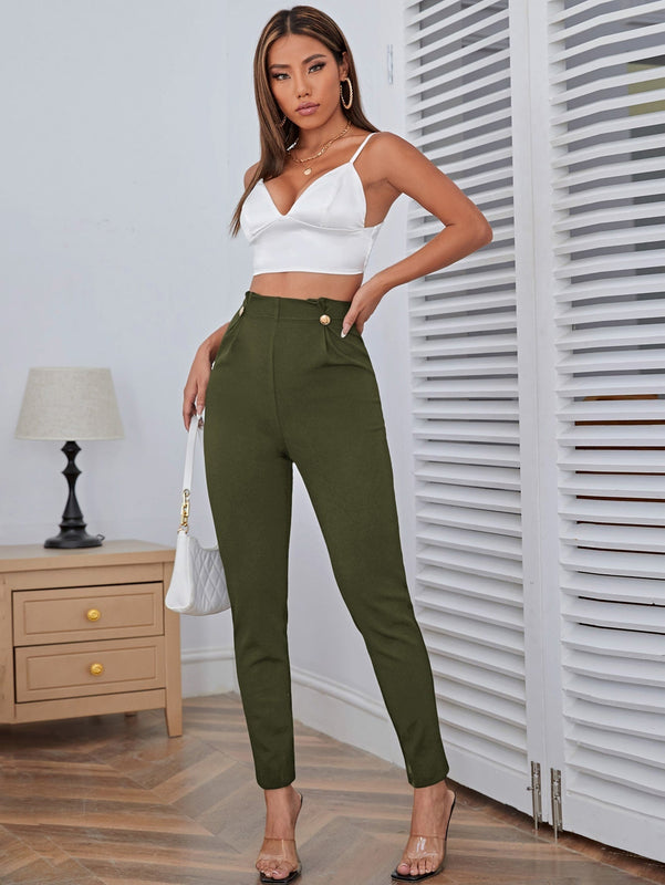 Pantalones casuales de traje negro de cintura alta para mujer con ajuste cenido y piernas anchas de 7-9cm