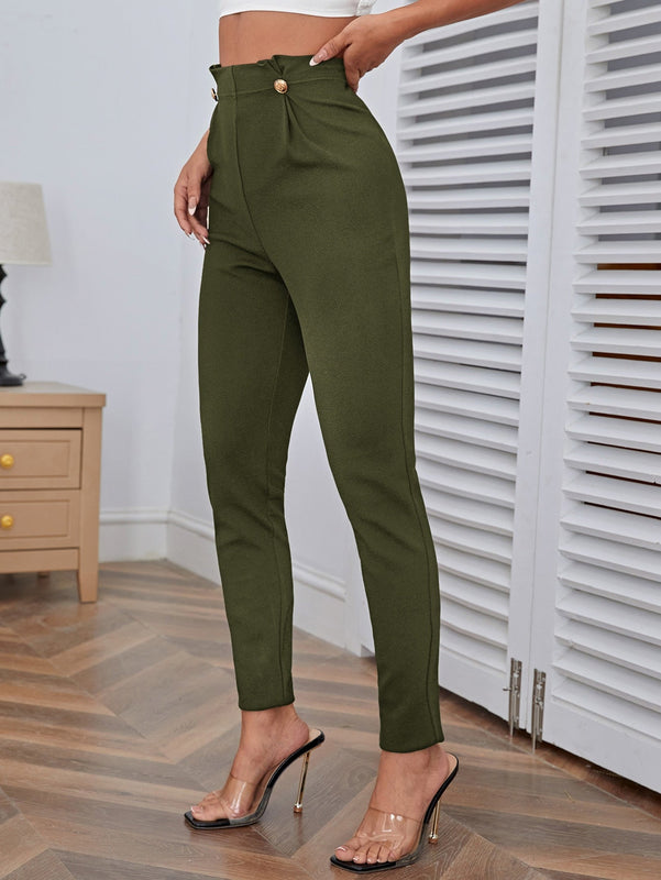 Pantalones casuales de traje negro de cintura alta para mujer con ajuste cenido y piernas anchas de 7-9cm