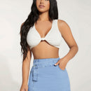 PETITE Skort mezclilla bajo asimetrico con boton delantero